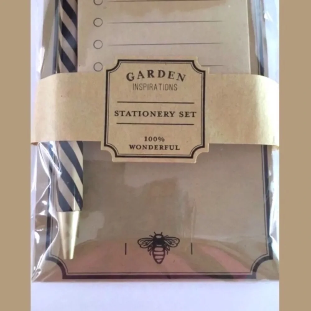 Stationery Set Pen Bumble Bee Kraft List Pad Sticky Notes Natural Garden Party